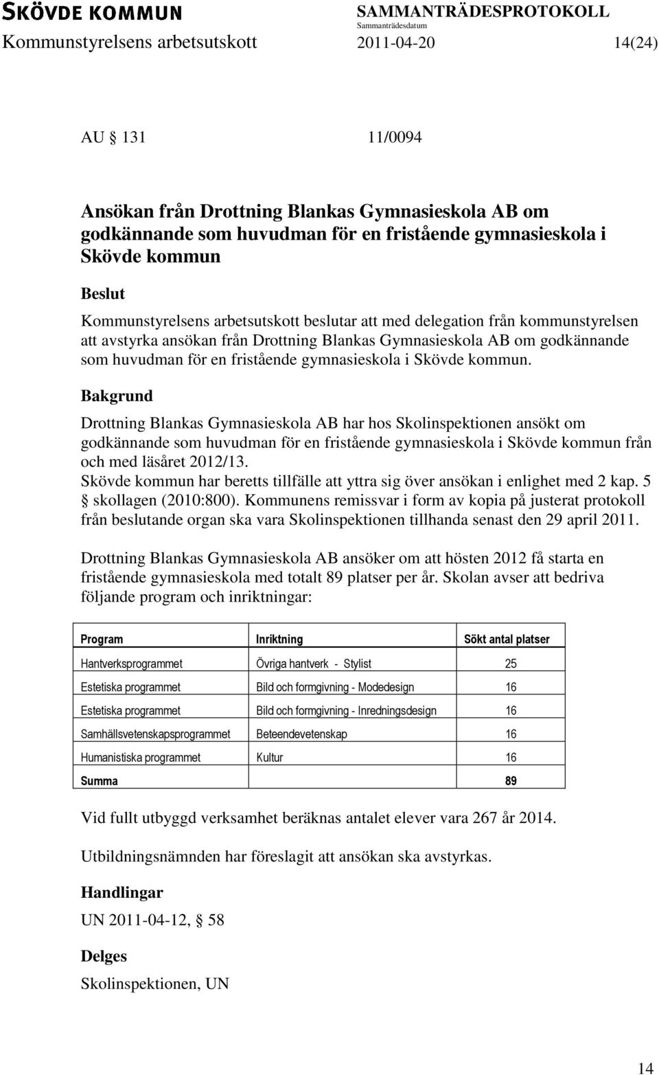 Drottning Blankas Gymnasieskola AB har hos Skolinspektionen ansökt om godkännande som huvudman för en fristående gymnasieskola i Skövde kommun från och med läsåret 2012/13.