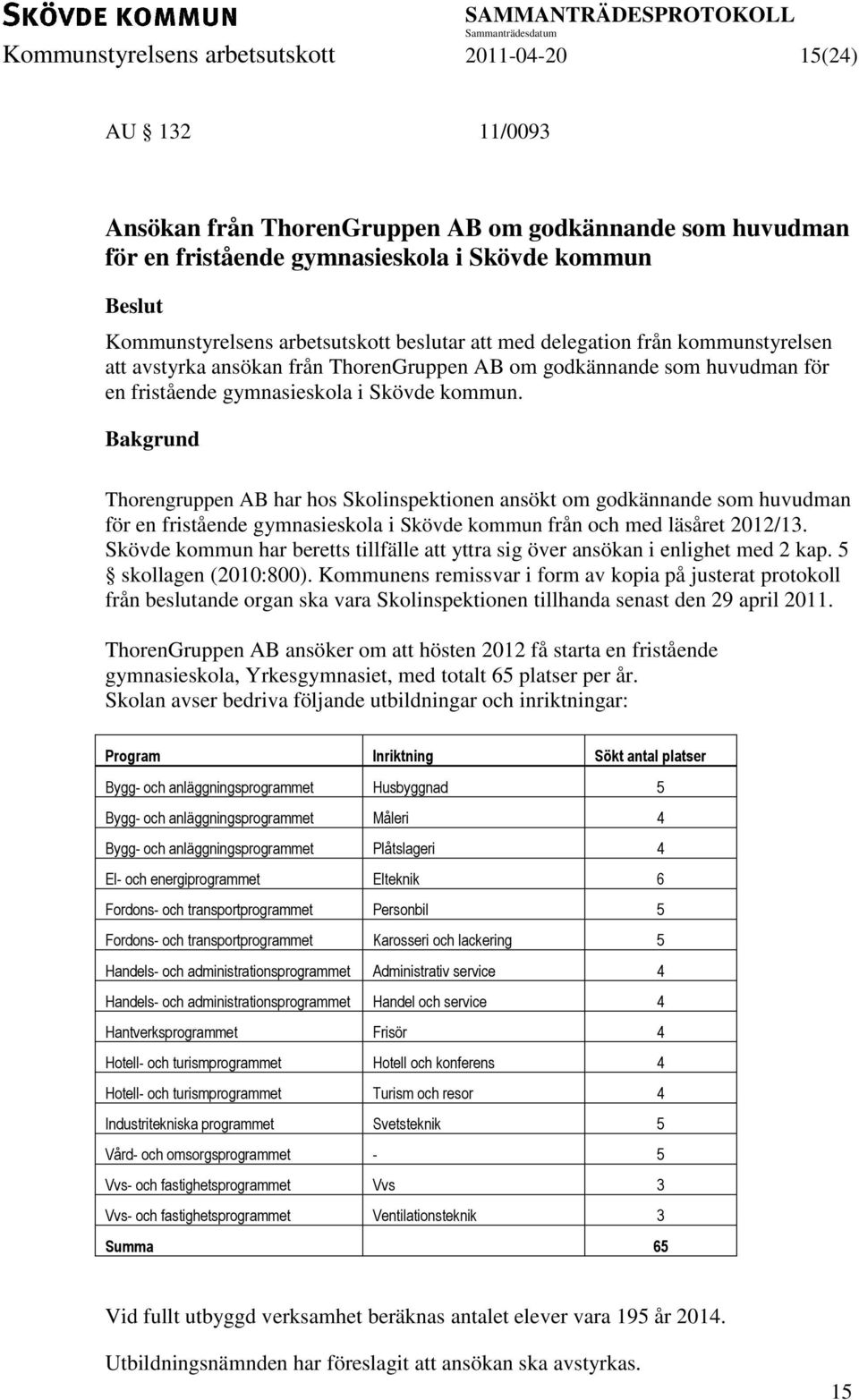 Thorengruppen AB har hos Skolinspektionen ansökt om godkännande som huvudman för en fristående gymnasieskola i Skövde kommun från och med läsåret 2012/13.