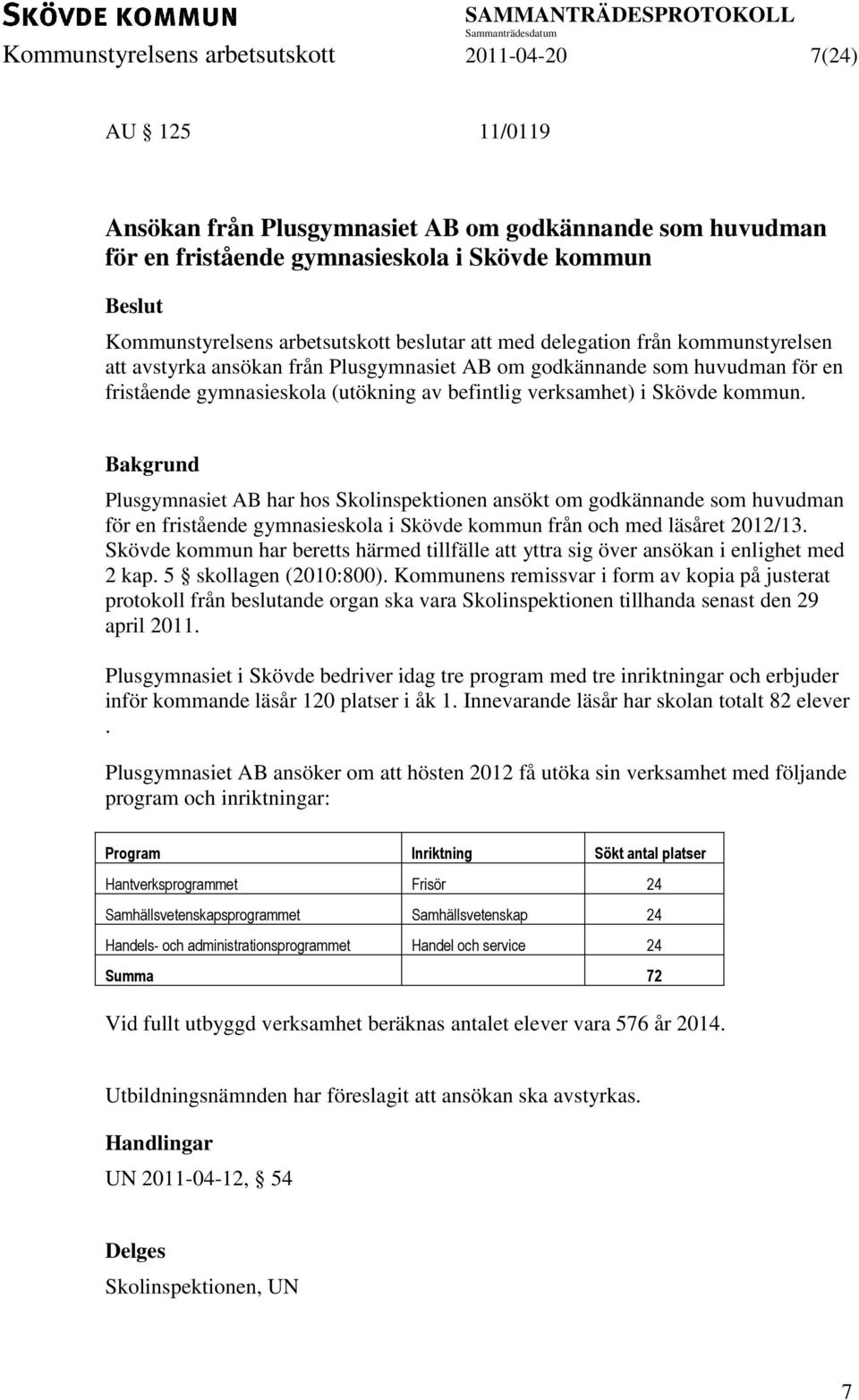 Plusgymnasiet AB har hos Skolinspektionen ansökt om godkännande som huvudman för en fristående gymnasieskola i Skövde kommun från och med läsåret 2012/13.