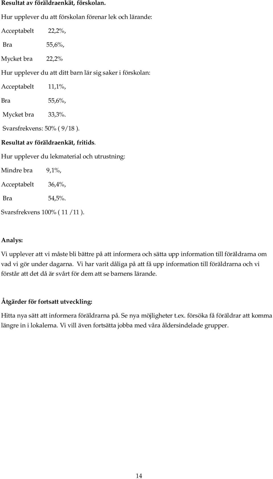 33,3%. Svarsfrekvens: 50% ( 9/ 18 ). Resultat av föräldraenkät, fritids. Hur upplever du lekmaterial och utrustning: Mindre bra 9,1%, Acceptabelt 36,4%, Bra 54,5%. Svarsfrekvens 100% ( 11 / 11 ).