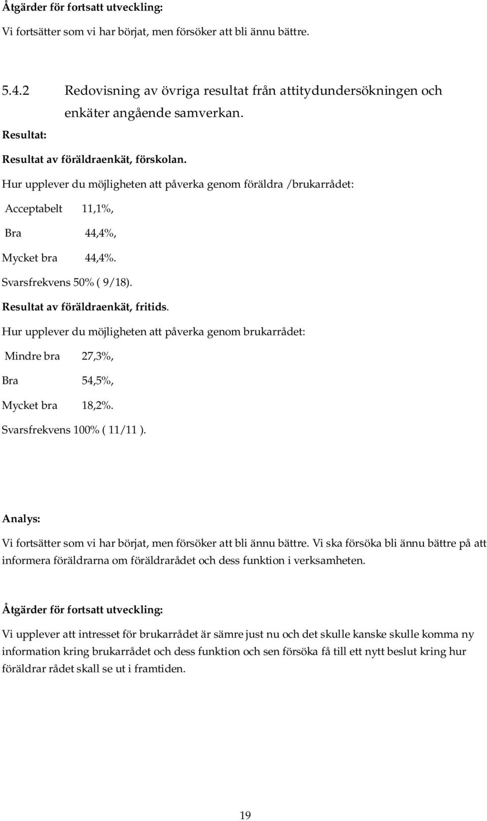 Resultat av föräldraenkät, fritids. Hur upplever du möjligheten att påverka genom brukarrådet: Mindre bra 27,3%, Bra 54,5%, Mycket bra 18,2%. Svarsfrekvens 100% ( 11/ 11 ).