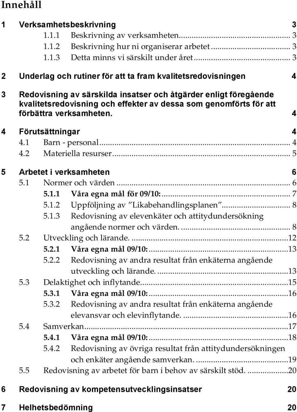 att förbättra verksamheten. 4 4 Förutsättningar 4 4.1 Barn - personal... 4 4.2 Materiella resurser... 5 5 Arbetet i verksamheten 6 5.1 Normer och värden... 6 5.1.1 Våra egna mål för 09/10:... 7 5.1.2 Uppföljning av Likabehandlingsplanen.