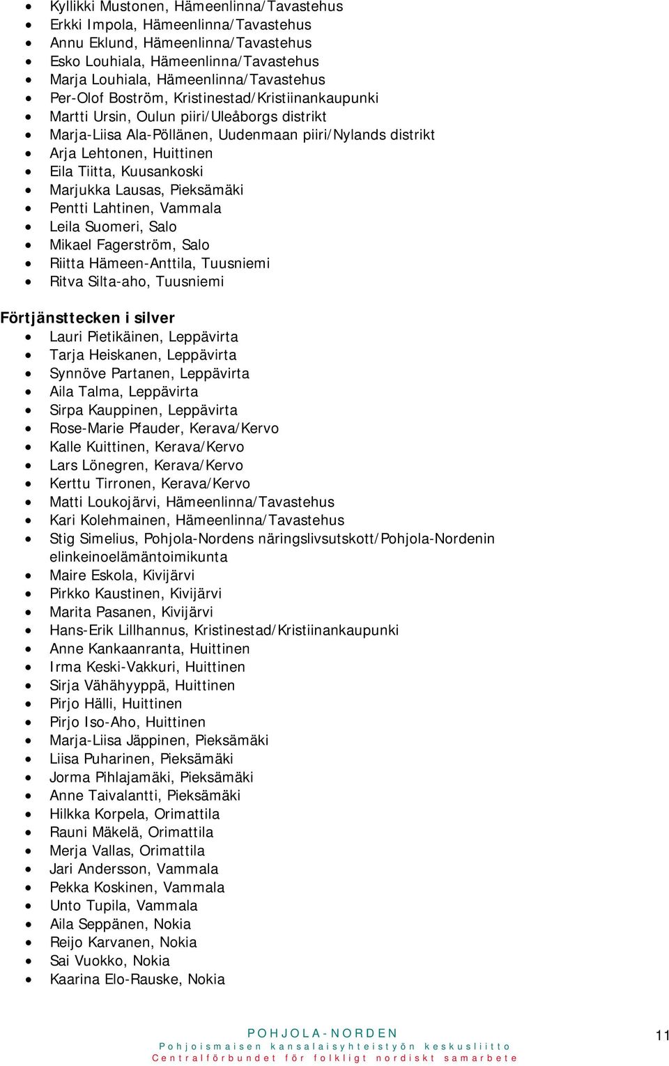 Kuusankoski Marjukka Lausas, Pieksämäki Pentti Lahtinen, Vammala Leila Suomeri, Salo Mikael Fagerström, Salo Riitta Hämeen-Anttila, Tuusniemi Ritva Silta-aho, Tuusniemi Förtjänsttecken i silver Lauri