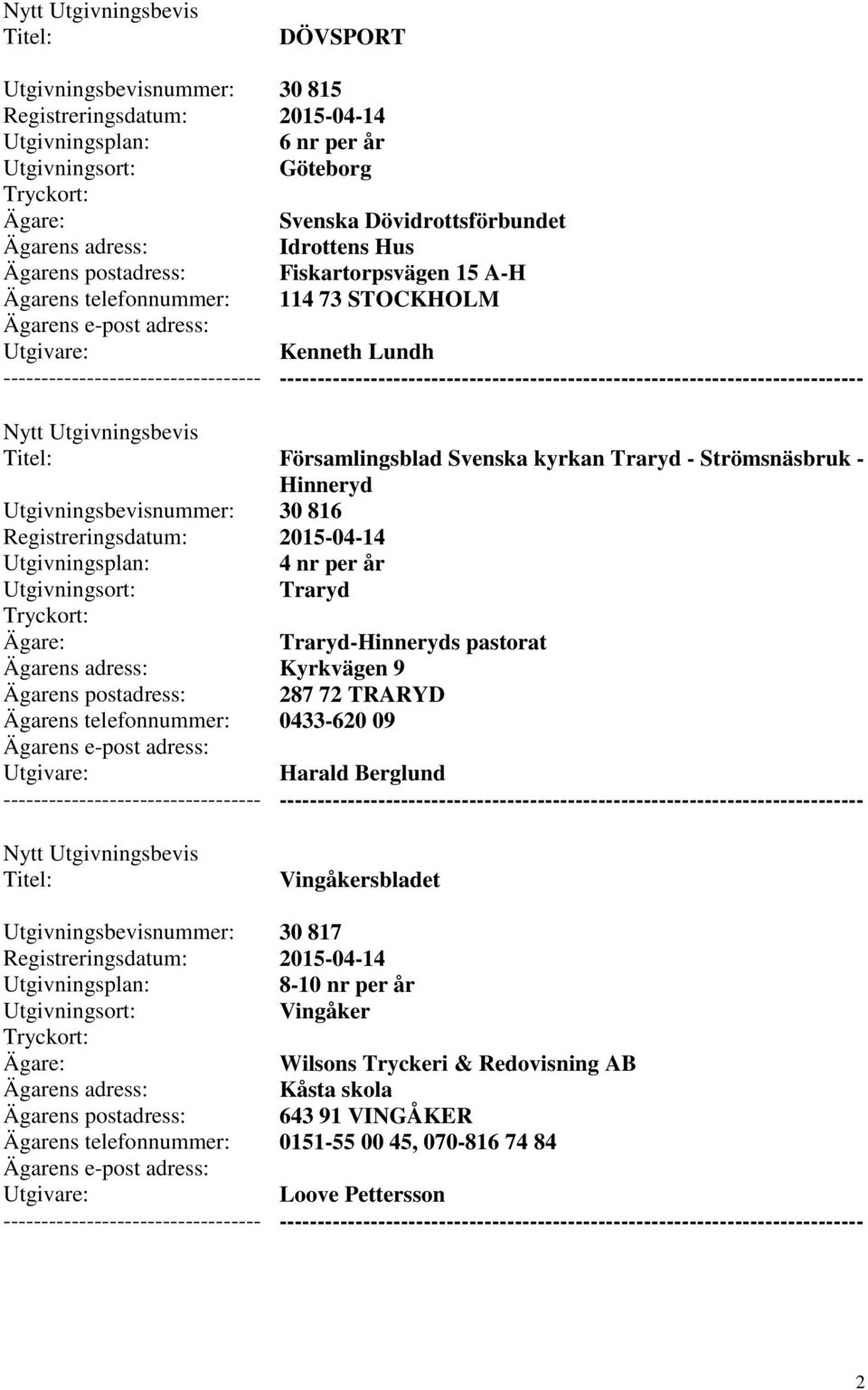 Traryd-Hinneryds pastorat Kyrkvägen 9 287 72 TRARYD 0433-620 09 Harald Berglund Vingåkersbladet 30 817 8-10 nr