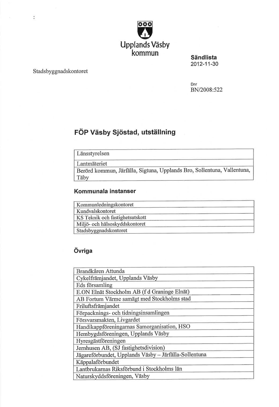 ON Elnät Stockholm AB (f d Graninge Elnät) AB Fortum Värme samägt med Stockholms stad Friluftsfrämiandet Förpacknings- och tidningsinsamlingen Försvarsmakten, Livgardet Handikappforeningarnas S