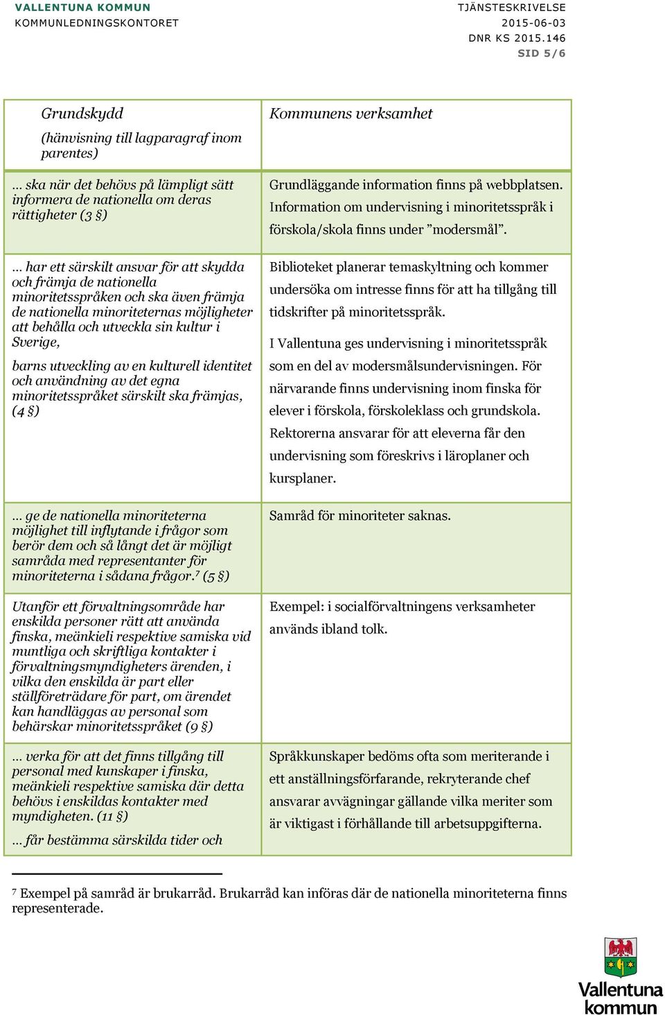 av det egna minoritetsspråket särskilt ska främjas, (4 ) ge de nationella minoriteterna möjlighet till inflytande i frågor som berör dem och så långt det är möjligt samråda med representanter för