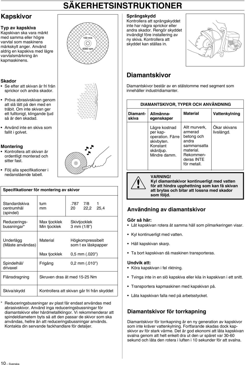 SÄKERHETSINSTRUKTIONER Sprängskydd Kontrollera att sprängskyddet inte har några sprickor eller andra skador. Rengör skyddet invändigt före installering av ny skiva.