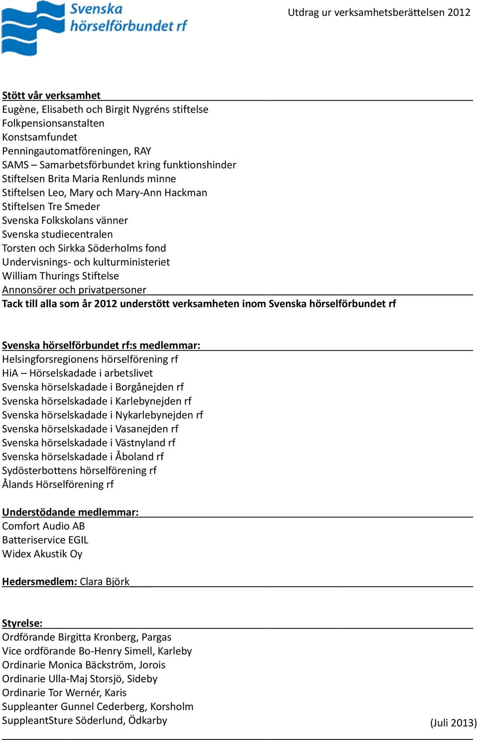 kulturministeriet William Thurings Stiftelse Annonsörer och privatpersoner Tack till alla som år 2012 understött verksamheten inom :s medlemmar: Helsingforsregionens hörselförening rf HiA