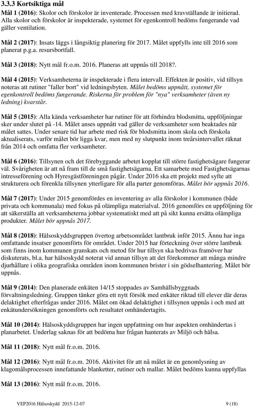 Målet uppfylls inte till 2016 som planerat p.g.a. resursbortfall. Mål 3 (2018): Nytt mål fr.o.m. 2016. Planeras att uppnås till 2018?. Mål 4 (2015): Verksamheterna är inspekterade i flera intervall.