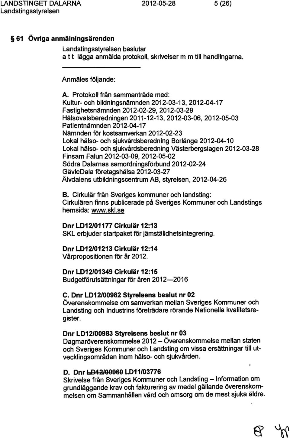 2012-04-17 Nämnden för kostsamverkan 2012-02-23 Lokal hälso- och sjukvårdsberedning Borlänge 2012-04-10 Lokal hälso- och sjukvårdsberedning Västerbergslagen 2012-03-28 Finsam Falun 2012-03-09,