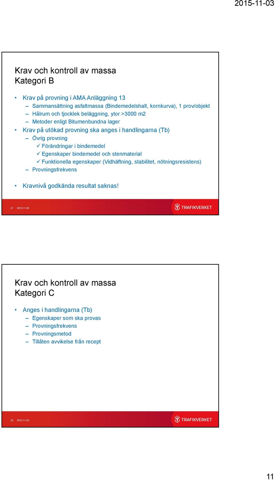 bindemedel och stenmaterial Funktionella egenskaper (Vidhäftning, stabilitet, nötningsresistens) Provningsfrekvens Kravnivå godkända resultat saknas!