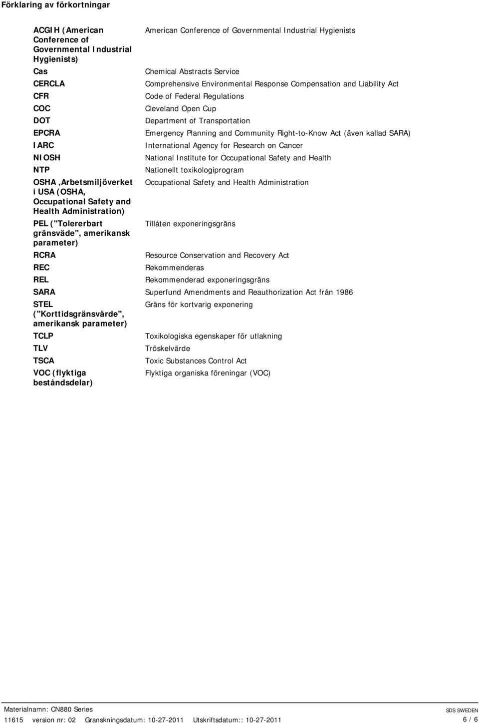 Conference of Governmental Industrial Hygienists Chemical Abstracts Service Comprehensive Environmental Response Compensation and Liability Act Code of Federal Regulations Cleveland Open Cup