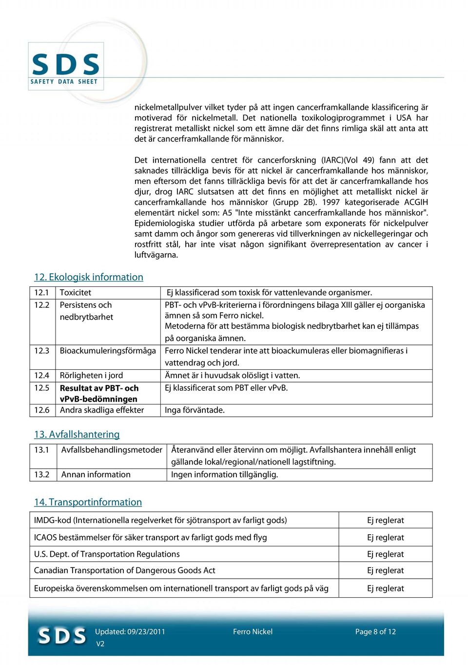 Det internationella centret för cancerforskning (IARC)(Vol 49) fann att det saknades tillräckliga bevis för att nickel är cancerframkallande hos människor, men eftersom det fanns tillräckliga bevis