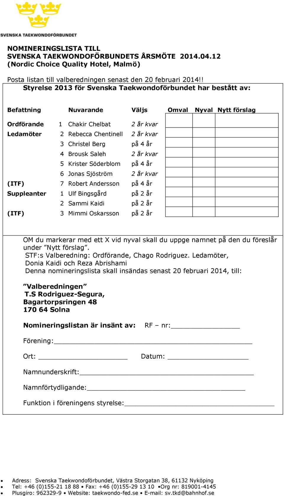 Christel Berg på 4 år 4 Brousk Saleh 2 år kvar 5 Krister Söderblom på 4 år 6 Jonas Sjöström 2 år kvar (ITF) 7 Robert Andersson på 4 år Suppleanter 1 Ulf Bingsgård på 2 år 2 Sammi Kaidi på 2 år (ITF)