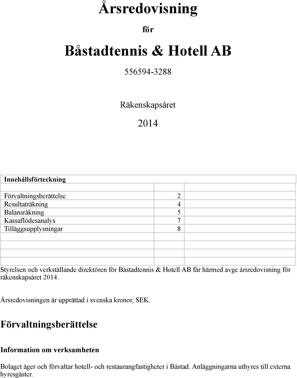 Hotell AB får härmed avge årsredovisning för räkenskapsåret 2014. Årsredovisningen är upprättad i svenska kronor, SEK.