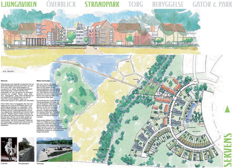 I mötet med den nya stadsdelen rör man sig genom en intressant sekvens; bro brygga strand skog park torg bebyggelse gata.