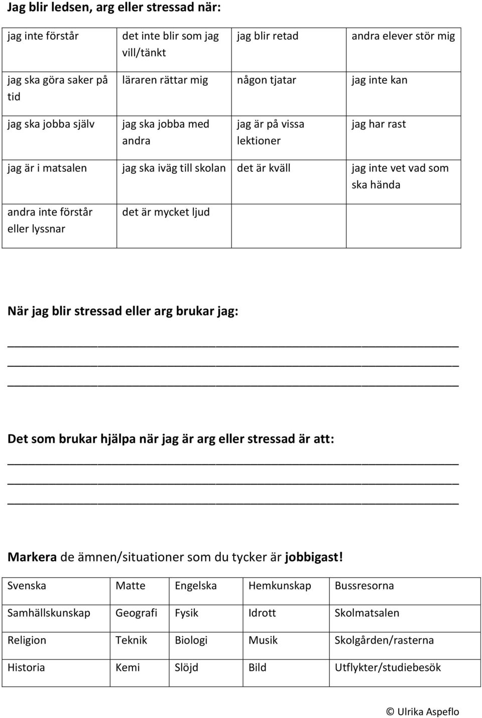 förstår eller lyssnar det är mycket ljud När jag blir stressad eller arg brukar jag: Det som brukar hjälpa när jag är arg eller stressad är att: Markera de ämnen/situationer som du tycker är