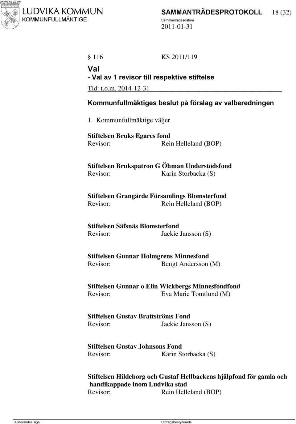 Helleland (BOP) Stiftelsen Säfsnäs Blomsterfond Jackie Jansson (S) Stiftelsen Gunnar Holmgrens Minnesfond Bengt Andersson (M) Stiftelsen Gunnar o Elin Wickbergs Minnesfondfond Eva Marie Tomtlund