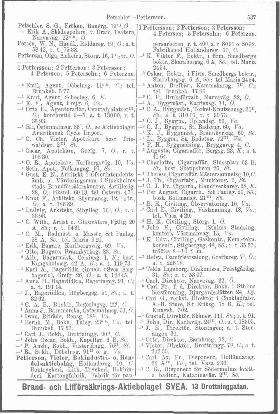 , Ö. -l K. Viktor F., Boktr., i firm. Smedbergs boktr., Skaraborgsg. 6 A, Sö.; tel. Maria I Pettersson; 2 Petterson; 3 Petersson; 2454. 4 Peterson; 5 Petersohn ; 6 Peterzon. Oskar, Boktr., i Firm.