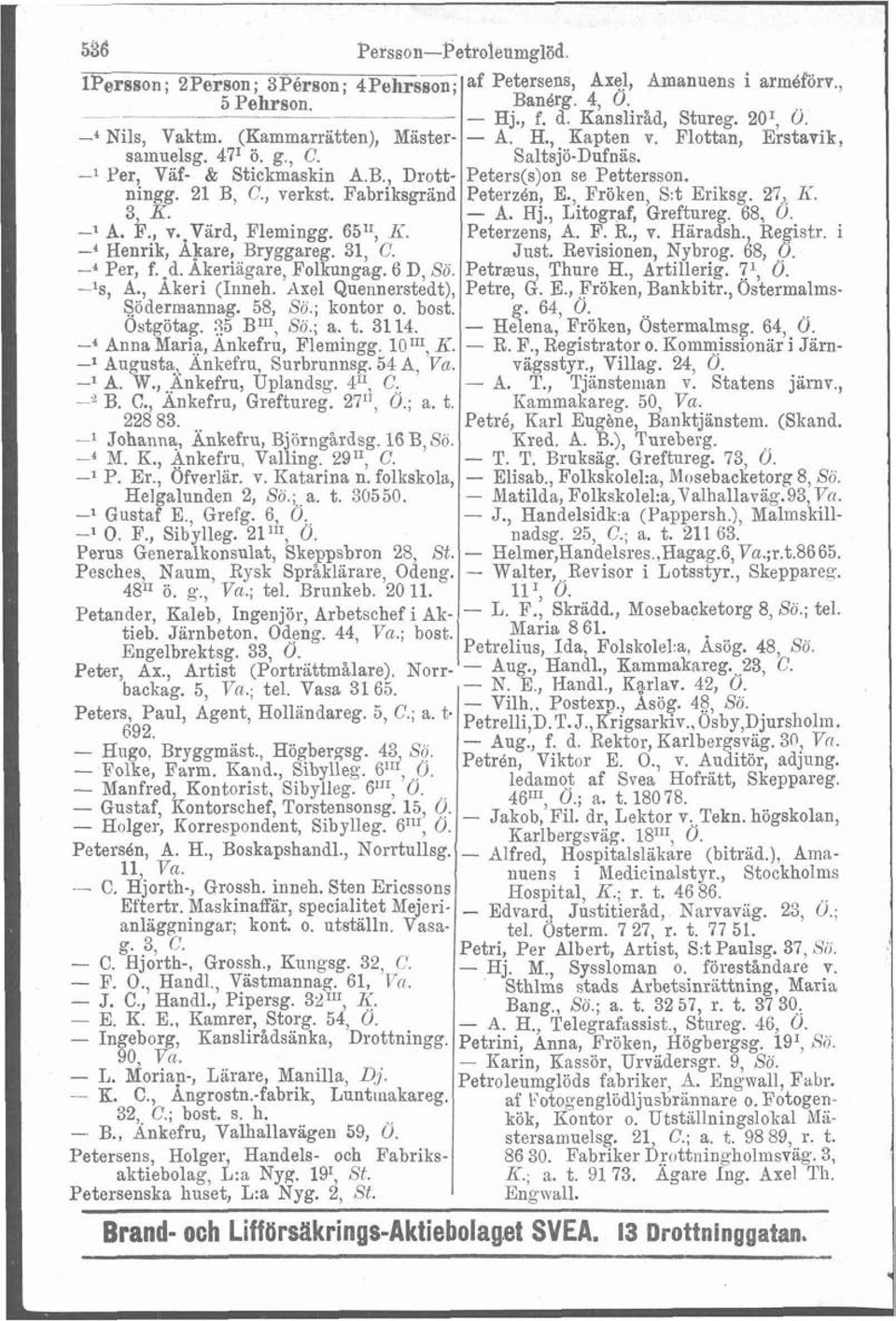 Fabriksgränd PeterzBn, E., Fröken, S:t Eriksg. 27, K. 3, K. - A. Hj., Litograf, Greftureg. 68, 0. -l A. F., v..vard, Flemingg. 6511, Ii. Peterzens, A. F. R., v. Haradsh., Registr.