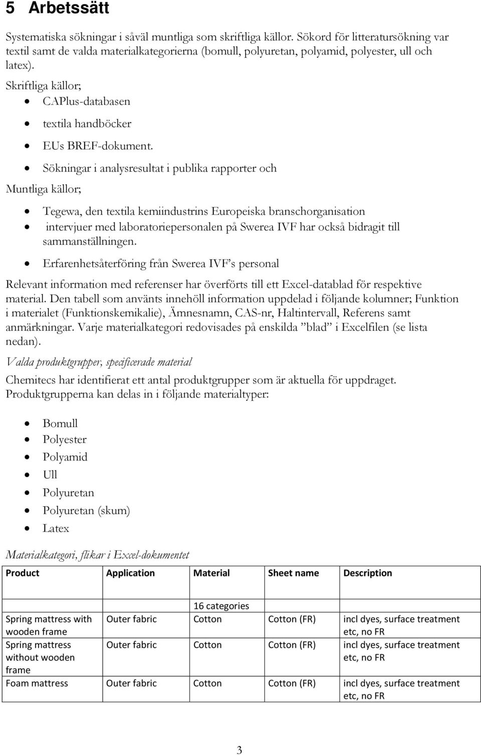 Skriftliga källor; CAPlus-databasen textila handböcker EUs BREF-dokument.