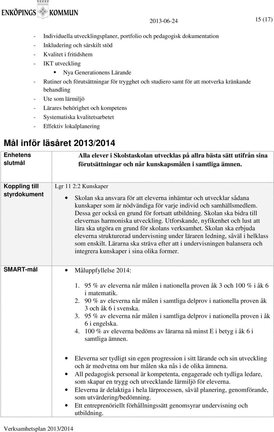 lokalplanering Mål inför läsåret 2013/2014 Enhetens slutmål Alla elever i Skolstaskolan utvecklas på allra bästa sätt utifrån sina förutsättningar och når kunskapsmålen i samtliga ämnen.