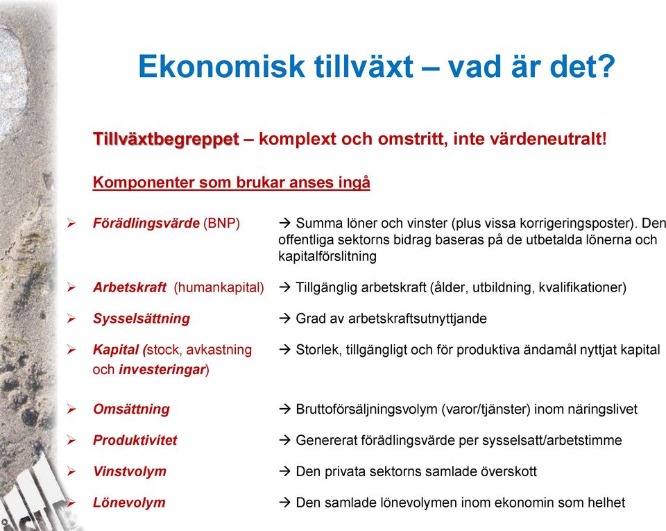 Den offentliga sektorns bidrag baseras på de utbetalda lönerna och kapitalförslitning Arbetskraft (humankapital) Tillgänglig arbetskraft (ålder, utbildning, kvalifikationer) Sysselsättning Grad