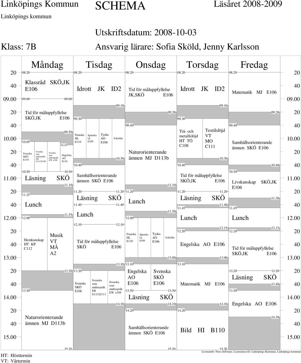 ämnen MJ D113b Engelska 14. SKÖ SKÖ ämnen SKÖ 09. 11.45 08. Idrott JK ID2 TÖ C108 10. SKÖ,JK 11. 12. 11. SKÖ Engelska Matematik MJ 14. 11. 11.45 12.15 12. 08. Matematik MJ 09.