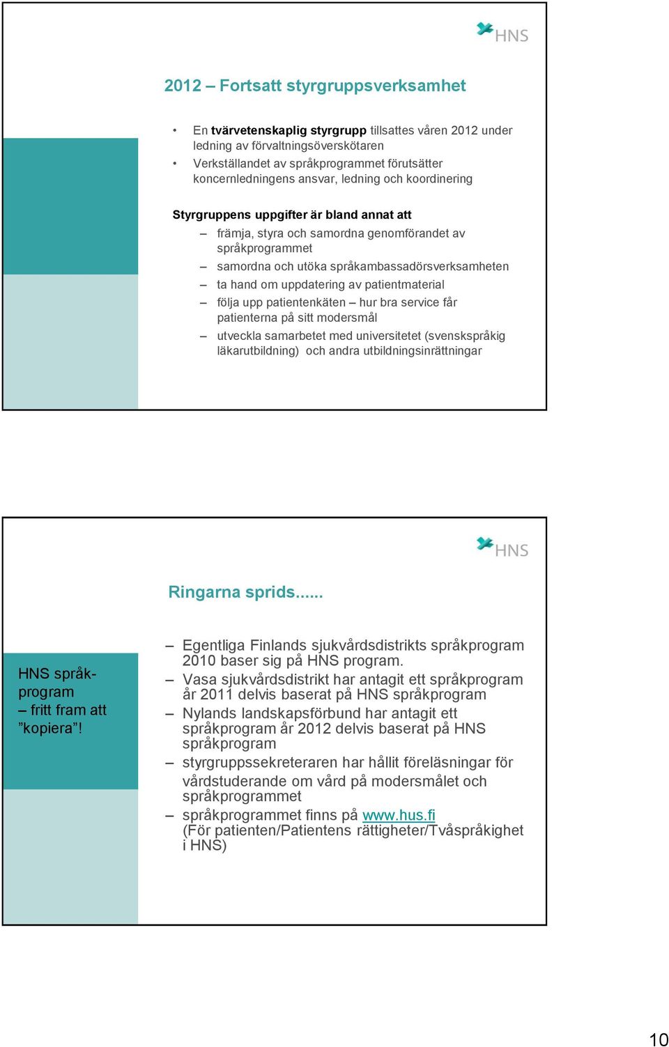 uppdatering av patientmaterial följa upp patientenkäten hur bra service får patienterna på sitt modersmål utveckla samarbetet med universitetet (svenskspråkig läkarutbildning) och andra