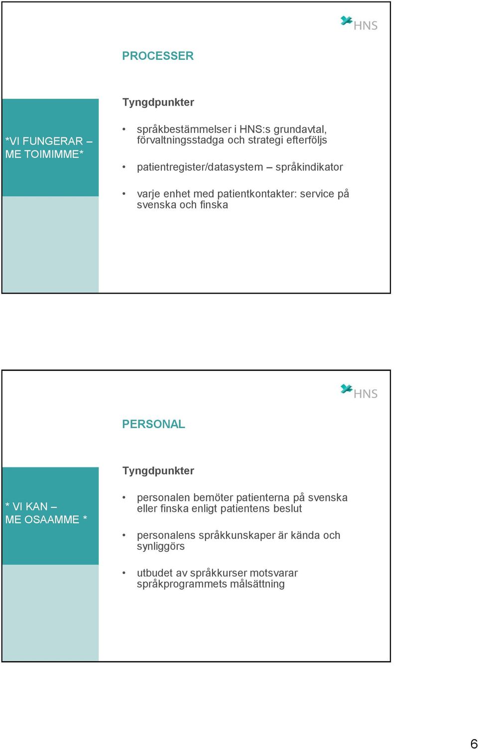 PERSONAL Tyngdpunkter * VI KAN ME OSAAMME * personalen bemöter patienterna på svenska eller finska enligt patientens