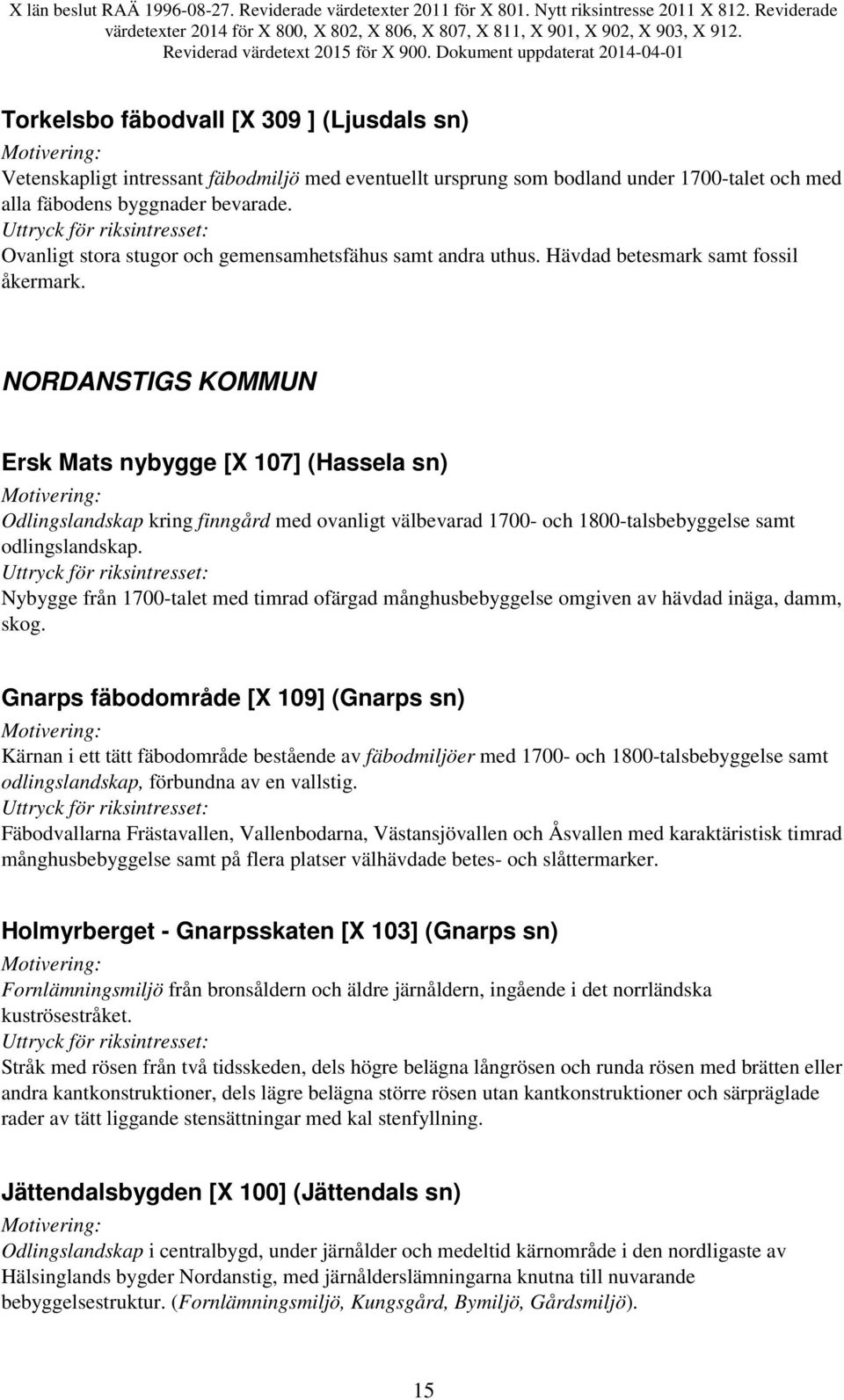 NORDANSTIGS KOMMUN Ersk Mats nybygge [X 107] (Hassela sn) Odlingslandskap kring finngård med ovanligt välbevarad 1700- och 1800-talsbebyggelse samt odlingslandskap.