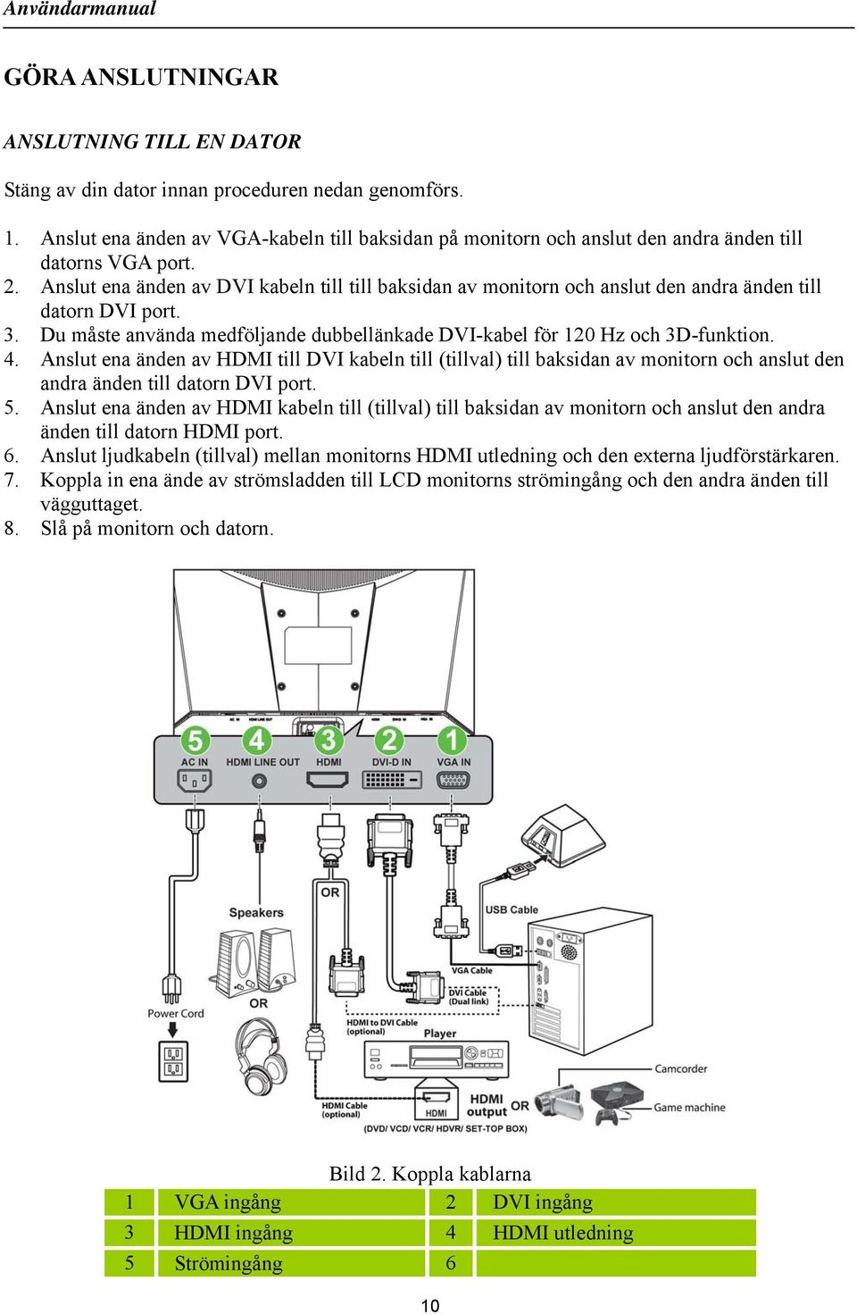 Anslut ena änden av DVI kabeln till till baksidan av monitorn och anslut den andra änden till datorn DVI port. 3. Du måste använda medföljande dubbellänkade DVI-kabel för 120 Hz och 3D-funktion. 4.