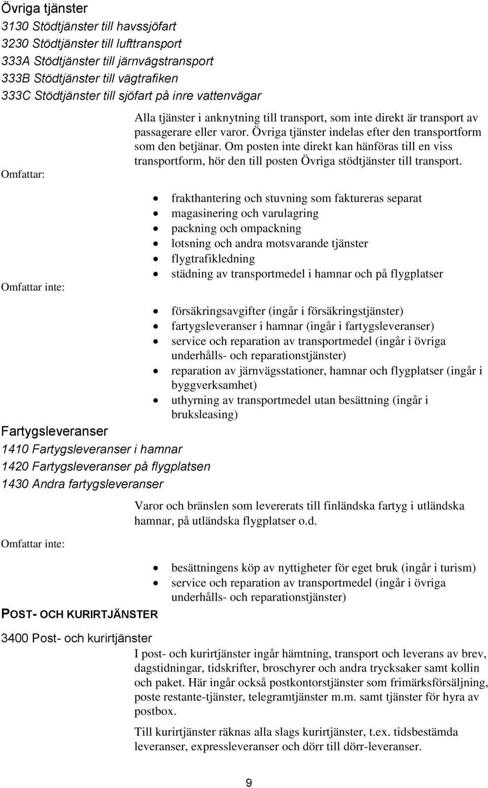 Om posten inte direkt kan hänföras till en viss transportform, hör den till posten Övriga stödtjänster till transport.