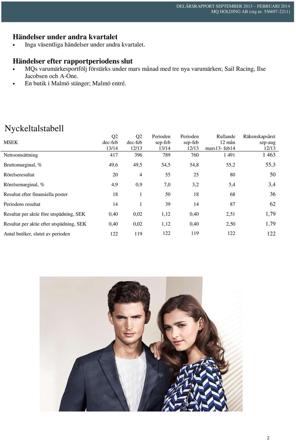 Nyckeltalstabell MSEK 13/14 12/13 Perioden 13/14 Perioden 12/13 Rullande 12 mån mars13- feb14 Räkenskapsåret sep-aug 12/13 Nettoomsättning 417 396 789 760 1 491 1 463 Bruttomarginal, % 49,6 49,5 54,5