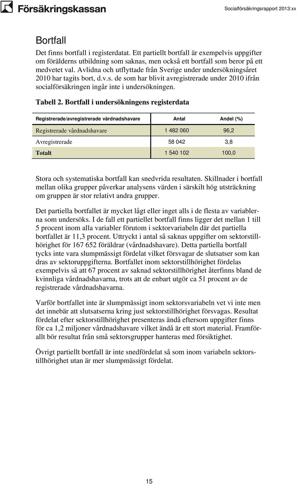 Bortfall i undersökningens registerdata Registrerade/avregistrerade vårdnadshavare Antal Andel (%) Registrerade vårdnadshavare 1 482 060 96,2 Avregistrerade 58 042 3,8 Totalt 1 540 102 100,0 Stora