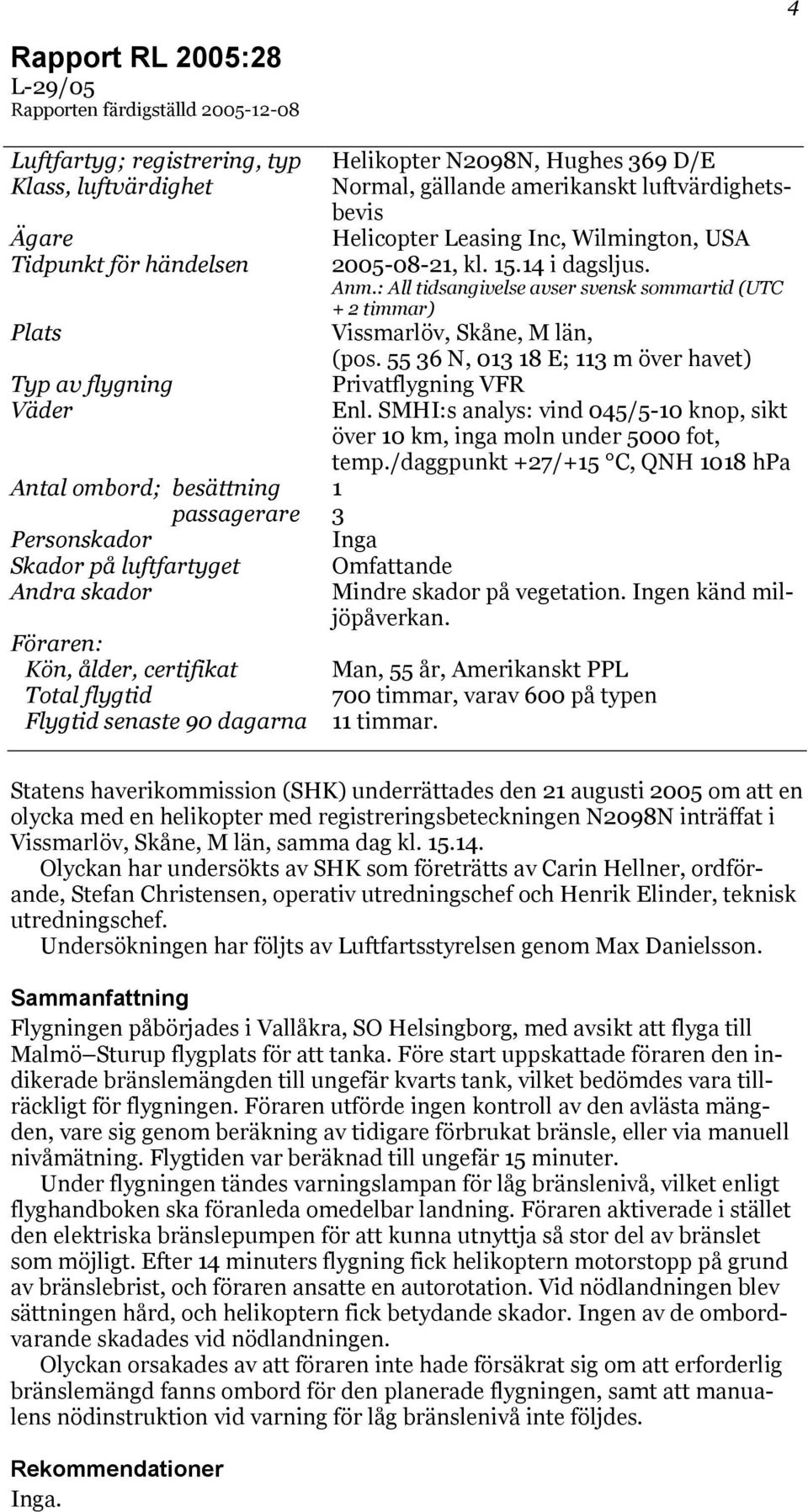 luftvärdighetsbevis Helicopter Leasing Inc, Wilmington, USA 2005-08-21, kl. 15.14 i dagsljus. Anm.: All tidsangivelse avser svensk sommartid (UTC + 2 timmar) Vissmarlöv, Skåne, M län, (pos.