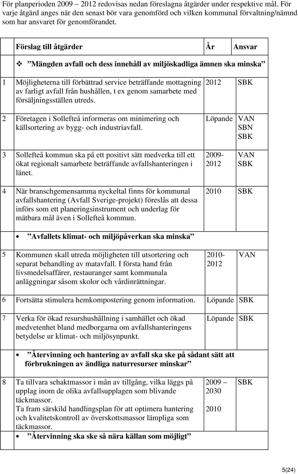 Förslag till åtgärder År Ansvar Mängden avfall och dess innehåll av miljöskadliga ämnen ska minska 1 Möjligheterna till förbättrad service beträffande mottagning av farligt avfall från hushållen, t