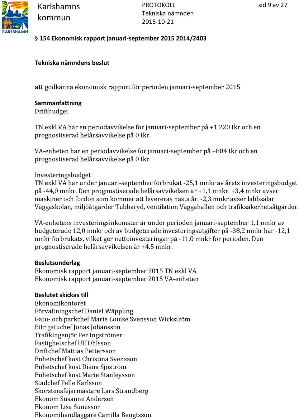 Investeringsbudget TN exkl VA har under januari-september förbrukat -25,1 mnkr av årets investeringsbudget på -44,0 mnkr. Den prognostiserade helårsavvikelsen är +1,1 mnkr.