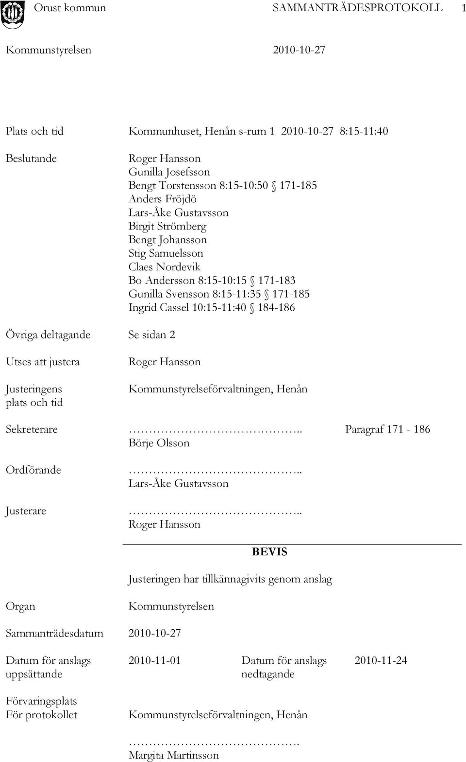 sidan 2 Utses att justera Justeringens plats och tid Roger Hansson Kommunstyrelseförvaltningen, Henån Sekreterare.. Paragraf 171-186 Börje Olsson Ordförande Justerare.. Lars-Åke Gustavsson.