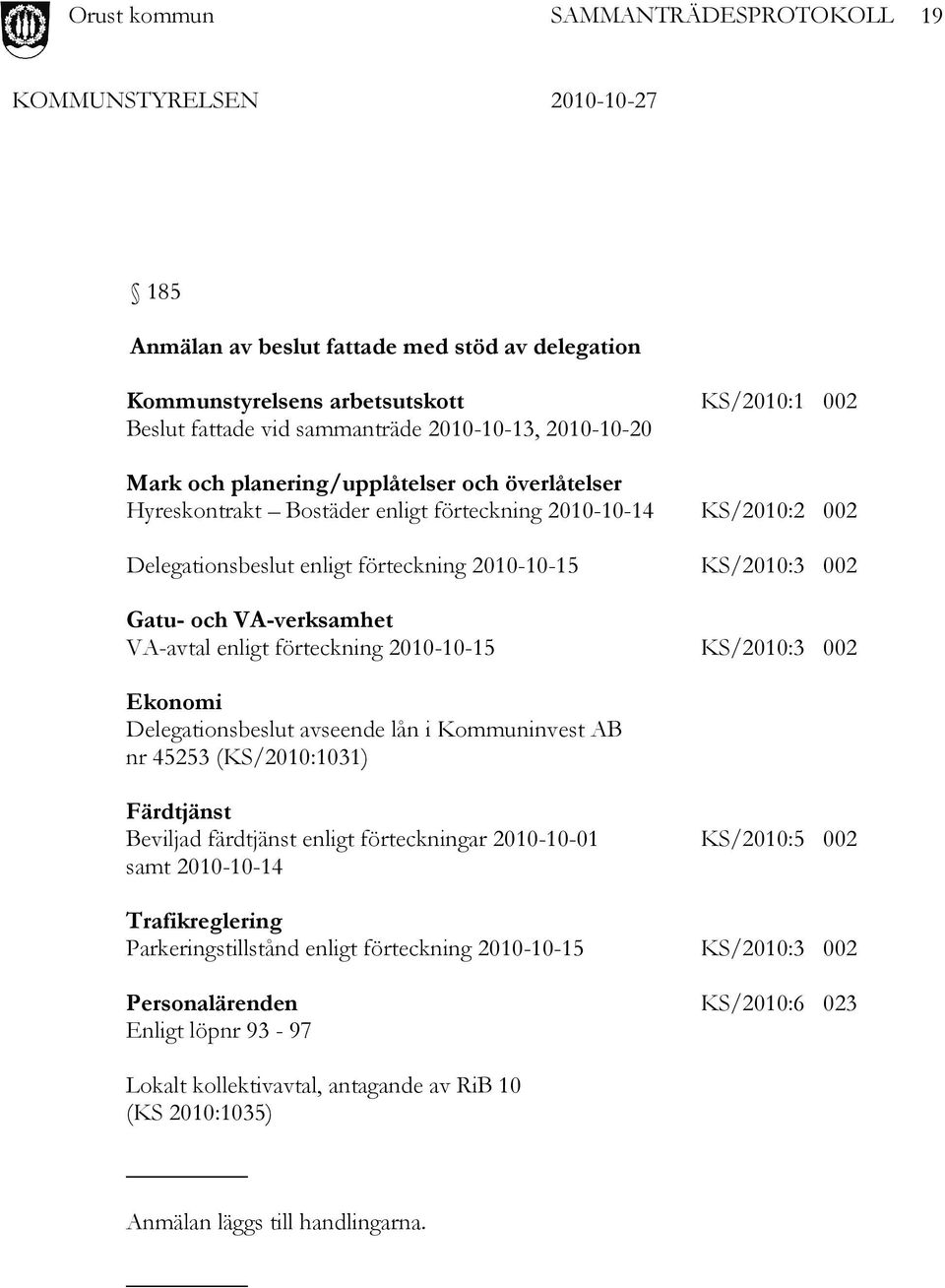 2010-10-15 KS/2010:3 002 Ekonomi Delegationsbeslut avseende lån i Kommuninvest AB nr 45253 (KS/2010:1031) Färdtjänst Beviljad färdtjänst enligt förteckningar 2010-10-01 KS/2010:5 002 samt 2010-10-14