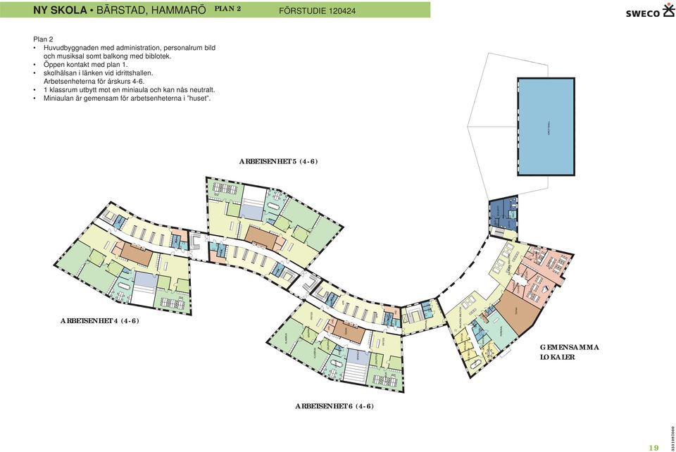 RWC KURATOR IDROTTSHALL 19 90 90 NY SKOLA BÄRSTAD, HAMMARÖ PLAN 2 FÖRSTUDIE 120424 Plan 2 Huvudbyggnaden med administration, personalrum bild och musiksal somt balkong med biblotek.