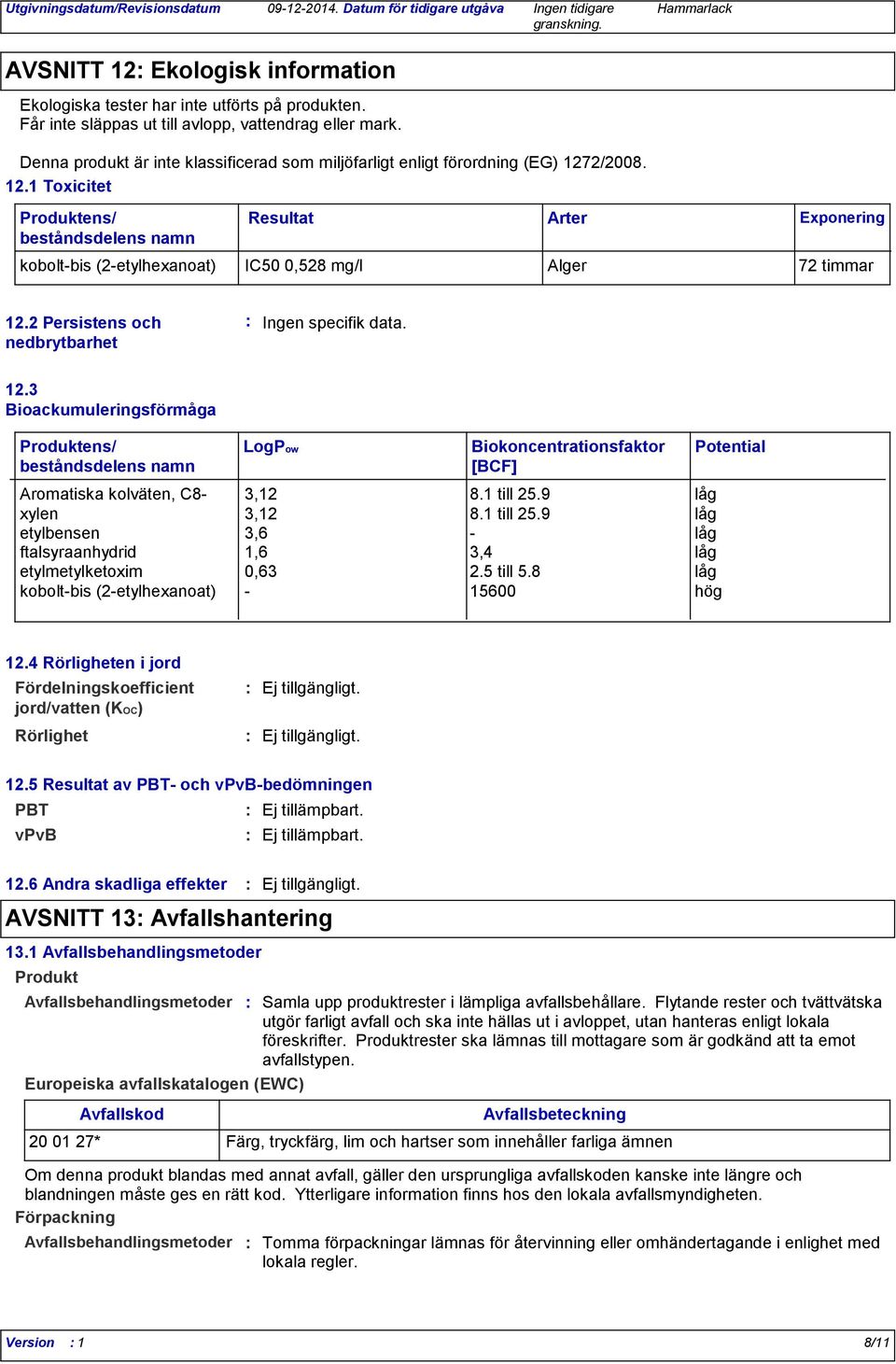 2/2008. 12.1 Toxicitet Produktens/ beståndsdelens namn Resultat kobolt-bis (2-etylhexanoat) IC50 0,528 mg/l Alger 72 timmar Arter Exponering 12.2 Persistens och nedbrytbarhet Ingen specifik data. 12.3 Bioackumuleringsförmåga Produktens/ beståndsdelens namn LogPow Biokoncentrationsfaktor [BCF] Aromatiska kolväten, C8-3,12 8.