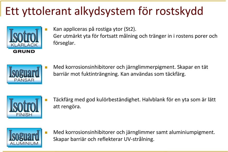 Med korrosionsinhibitorer och järnglimmerpigment. Skapar en tät barriär mot fuktinträngning. Kan användas som täckfärg.