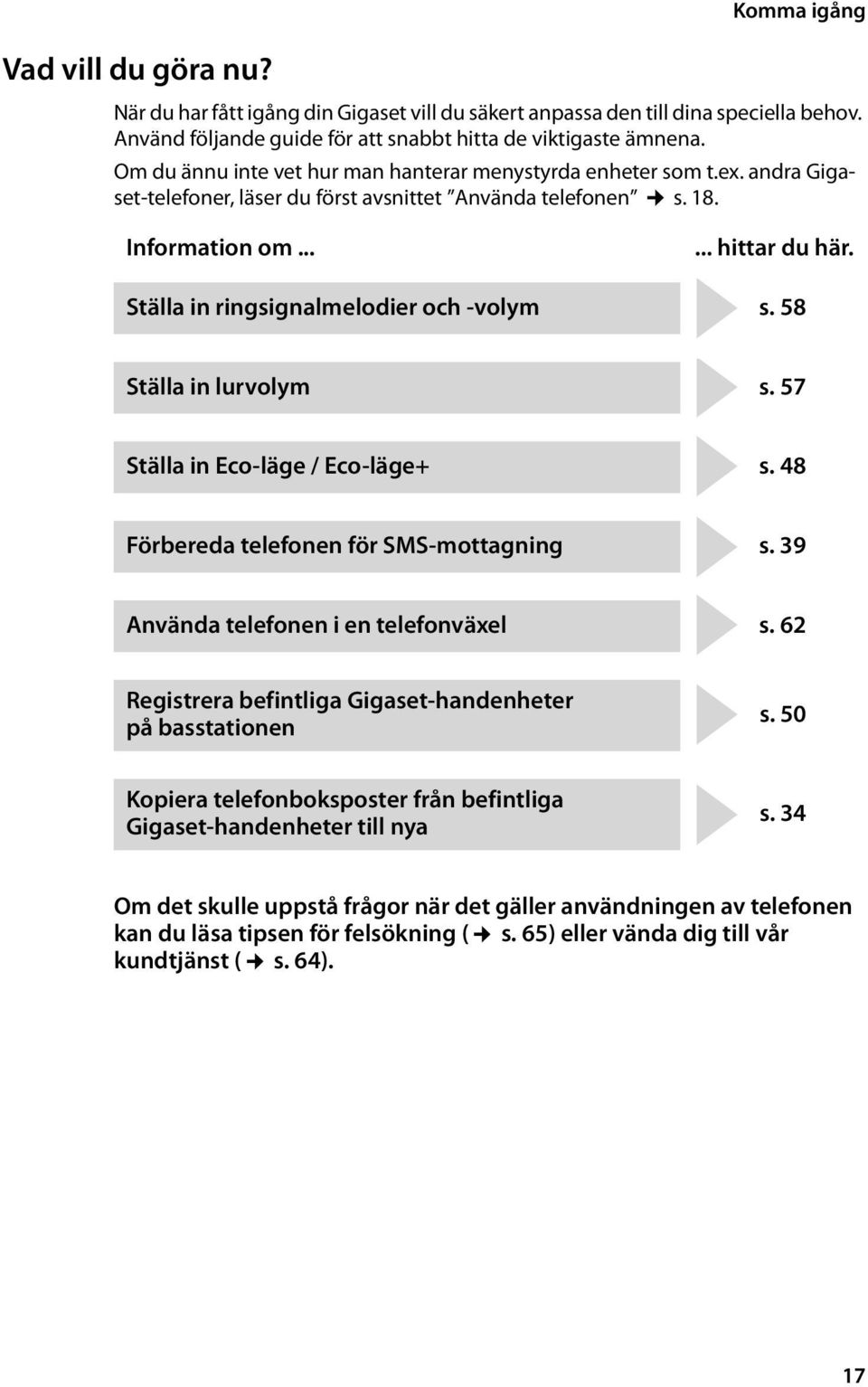 Ställa in ringsignalmelodier och -volym s. 58 Ställa in lurvolym s. 57 Ställa in Eco-läge / Eco-läge+ s. 48 Förbereda telefonen för SMS-mottagning s. 39 Använda telefonen i en telefonväxel s.