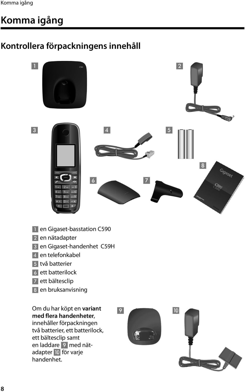 bältesclip 8 en bruksanvisning Om du har köpt en variant med flera handenheter, innehåller förpackningen