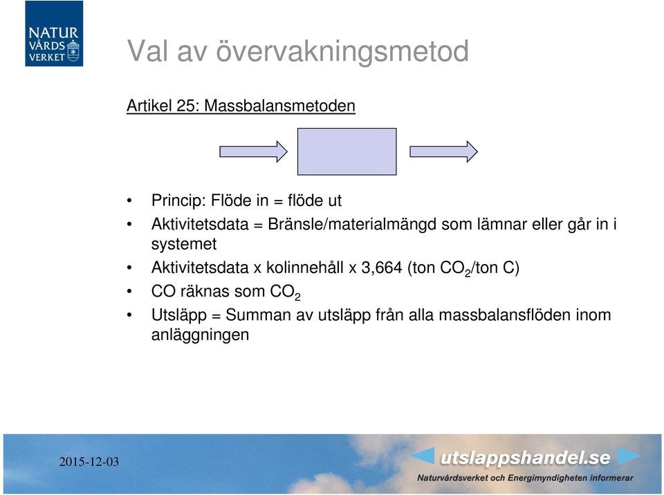 systemet Aktivitetsdata x kolinnehåll x 3,664 (ton CO 2 /ton C) CO räknas