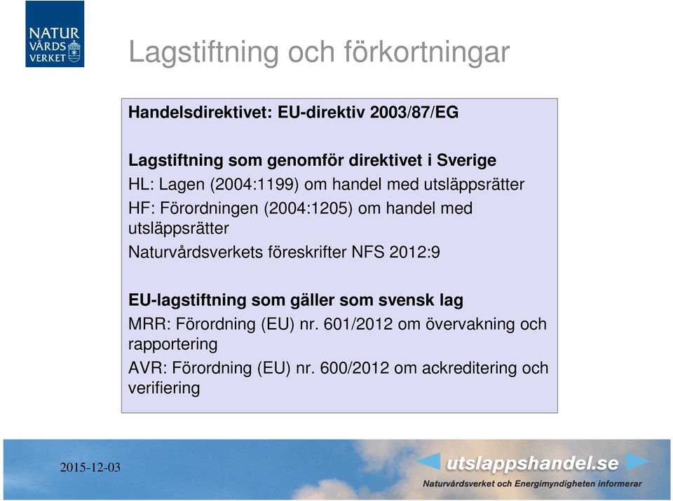 utsläppsrätter Naturvårdsverkets föreskrifter NFS 2012:9 EU-lagstiftning som gäller som svensk lag MRR: