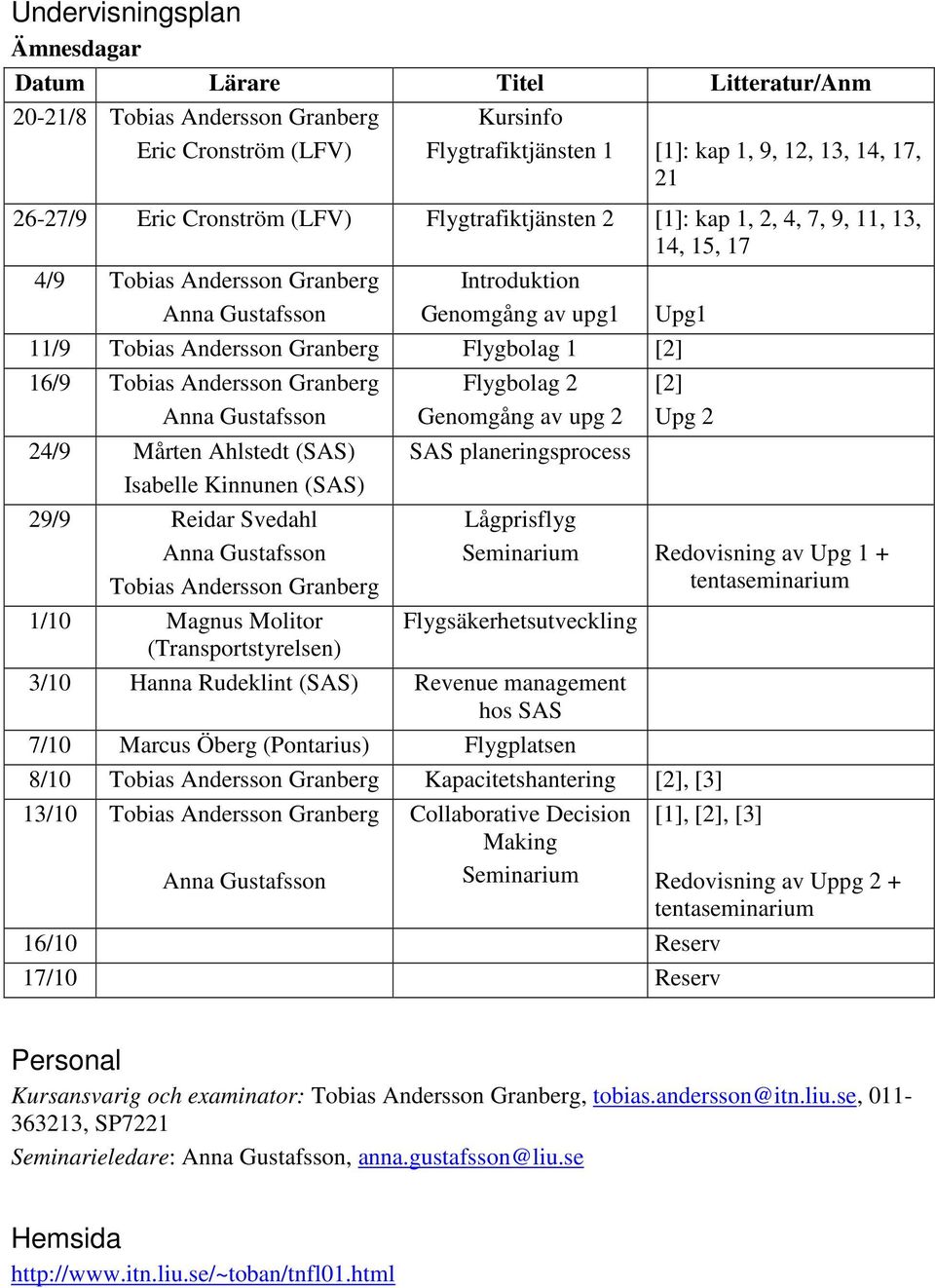 Svedahl 1/10 Magnus Molitor (Transportstyrelsen) Flygbolag 2 Genomgång av upg 2 SAS planeringsprocess [2] Upg 2 Lågprisflyg Seminarium Redovisning av Upg 1 + tentaseminarium Flygsäkerhetsutveckling