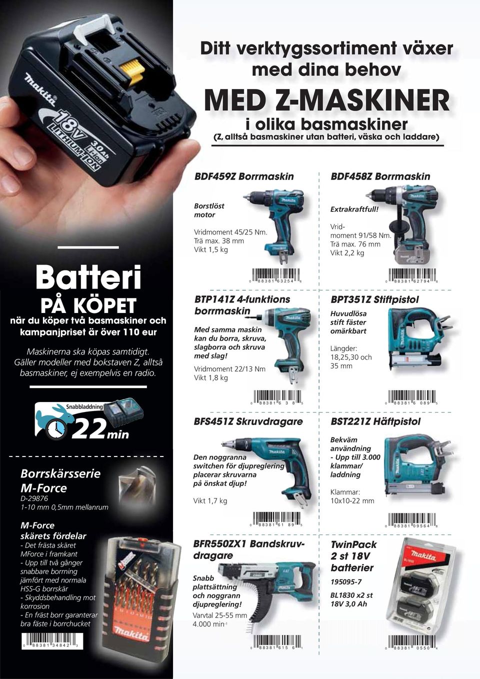 Borstlöst motor Vridmoment 45/25 Nm. Trä max. 38 mm Vikt 1,5 kg 0 88381 63254 6 BTP141Z 4-funktions borrmaskin Med samma maskin kan du borra, skruva, slagborra och skruva med slag!