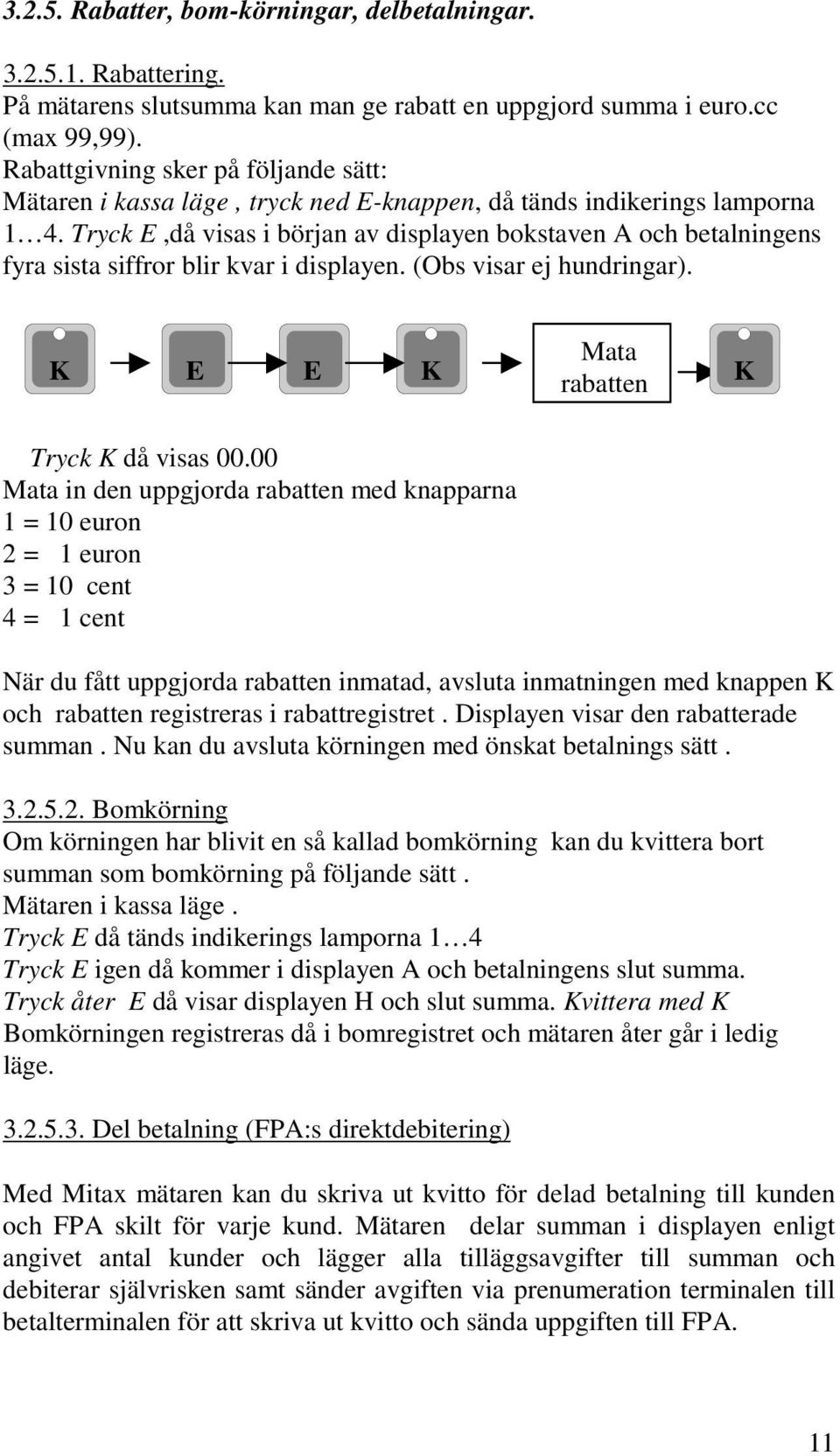 Tryck E,då visas i början av displayen bokstaven A och betalningens fyra sista siffror blir kvar i displayen. (Obs visar ej hundringar). K E E K Mata rabatten K Tryck K då visas 00.